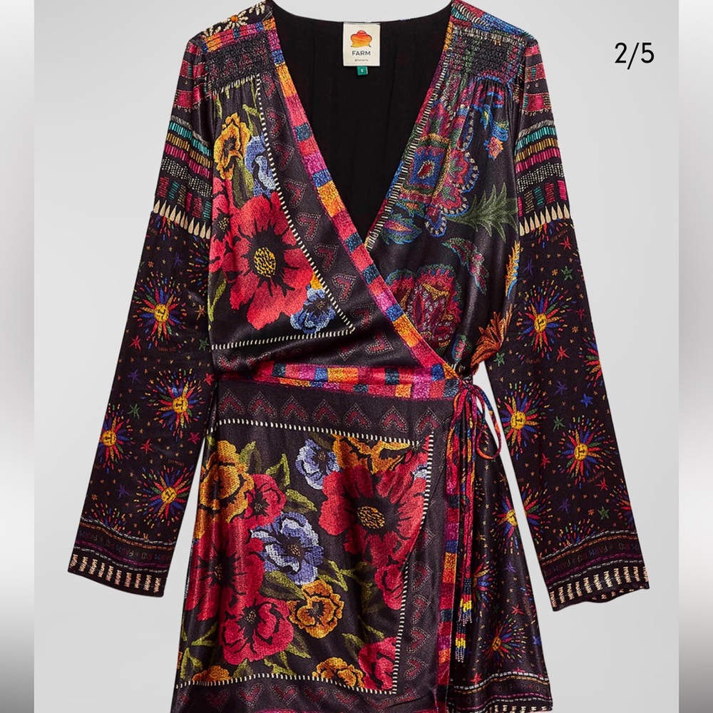💥SOLD💥Farm Rio Black Mixed Scarves Mini Dress - Picture 1 of 6